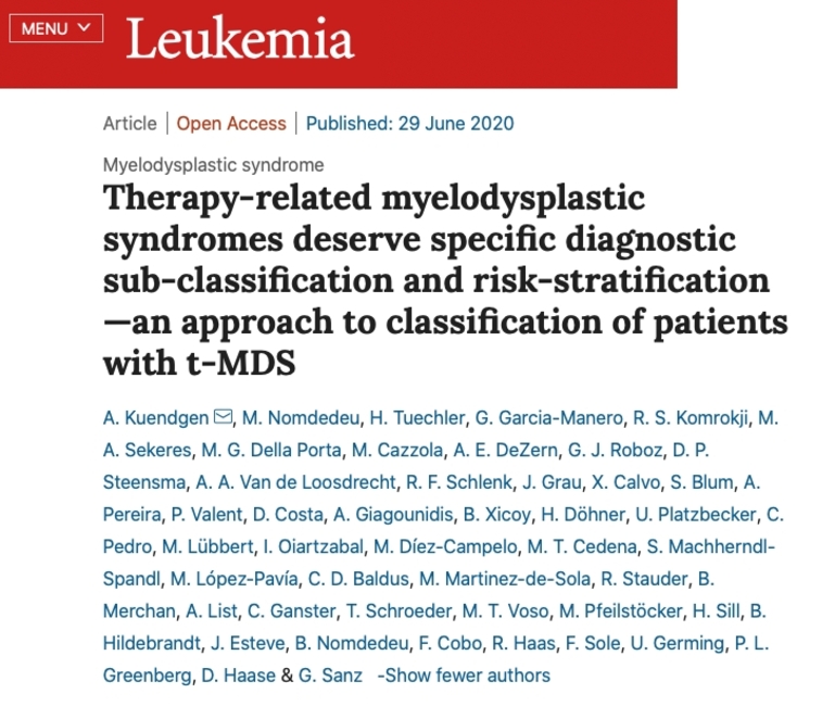 Nueva clasificación y pronóstico de Síndromes Mielodisplásicos Secundarios publicados en Leukemia